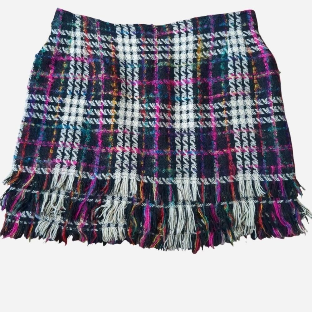 Vintage EXTERIOR Tweed Plaid Fringe Mini Skirt | Made in USA | Size 10